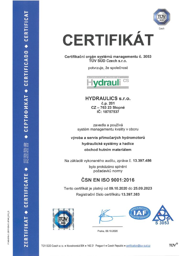 firma hydraulics hydraulika držitel a vlastník Certifikát ISO 9001
